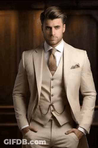 Man In Tan Suit And Tie With Hands In Pockets GIF