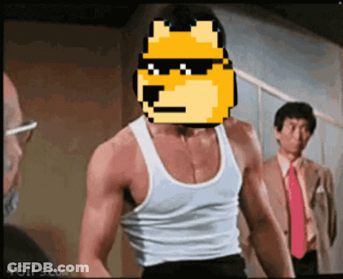 Man In Tank Top With Doge Face On Head GIF