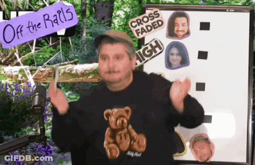 Man In Teddy Bear Sweater In Front Of Off The Rails Board GIF