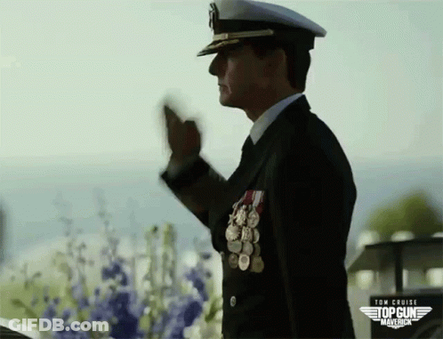 Man In Top Gun Uniform Standing Before Flowers GIF