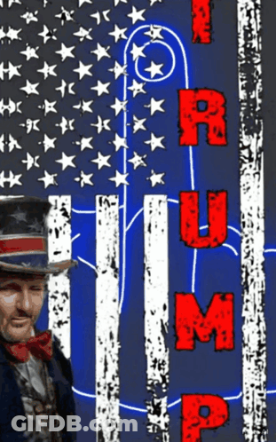 Man In Top Hat And Bow Tie In Front Of Trump Flag GIF