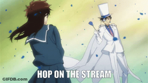Man In Top Hat Next To Girl Saying Hop On The Stream GIF