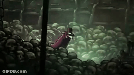 Man In Top Hat Standing In Pile Of Skulls In Cave GIF