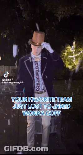 Man In Top Hat Standing In Rain Saying Your Favorite Team Just Lost To Jared Wonka Goff GIF