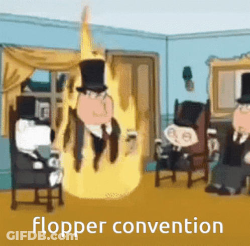 Man In Top Hat With Flames Saying Flopper Convention GIF