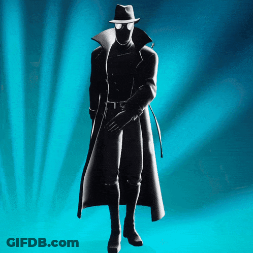 Man In Trench Coat And Hat Before Blue Curtain GIF