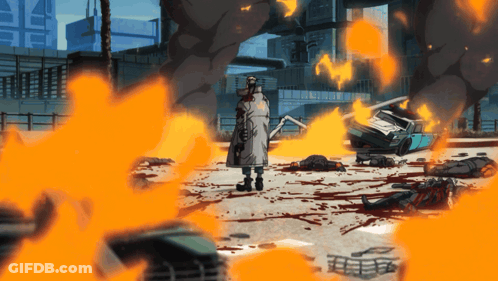 Man In Trench Coat In Destroyed City Surrounded By Fire GIF