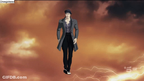 Man In Trench Coat Walking Under Lightning Sky Unregistered GIF