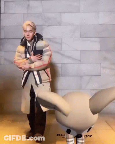 Man In Trench Coat With Burberry Stuffed Animal GIF