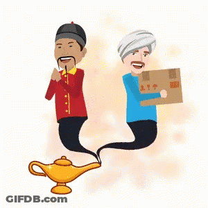 Man In Turban Holding Box While Another Man Comes Out Of Lamp GIF