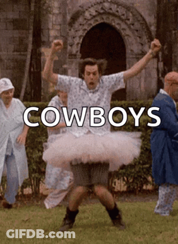 Man In Tutu Dancing Before Cowboys GIF