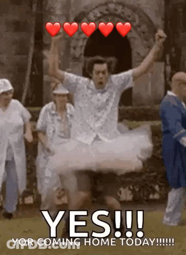 Man In Tutu Jumping With Hearts Yes You're Coming Home Today GIF