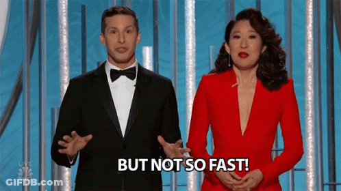 Man In Tuxedo And Woman In Red Dress Saying But Not So Fast GIF