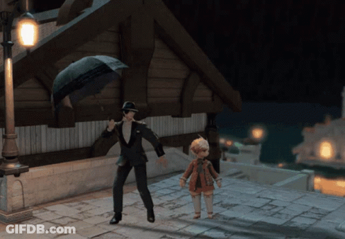 Man In Tuxedo Holding Umbrella Over Child GIF