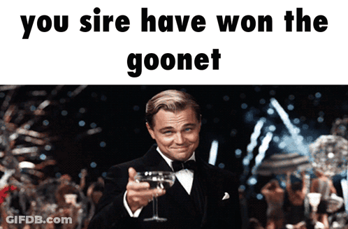 Man In Tuxedo Holding Wine Saying You Sire Have Won The Goonet GIF