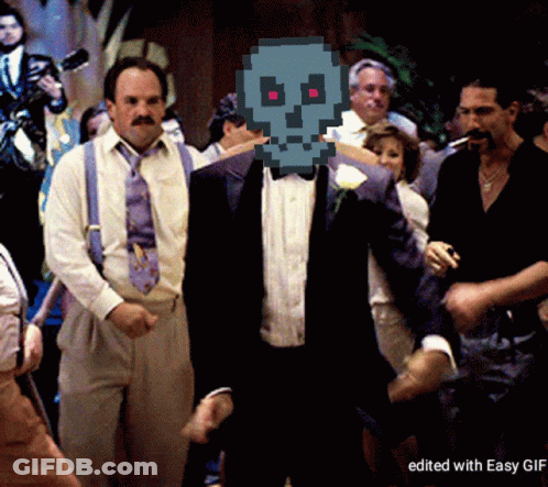 Man In Tuxedo With Pixelated Skull In Front Of Face GIF