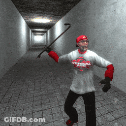 Man In Virtual T-Shirt Holding Cane In Hallway GIF