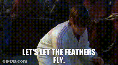 Man In White Coat Kneeling Saying Let's Let The Feathers Fly GIF