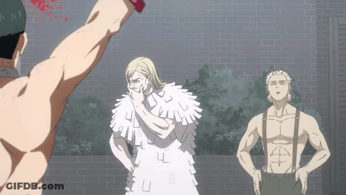 Man In White Dress Next To Man In Suspenders GIF