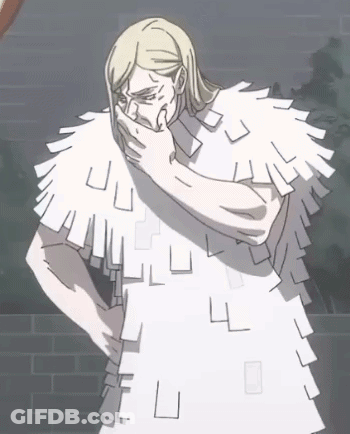 Man In White Feathered Cape Covering Mouth GIF