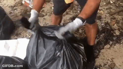Man In White Gloves Holding Black Garbage Bag GIF