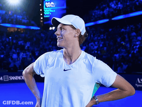 Man In White Hat And White Nike Shirt On Tennis Court GIF