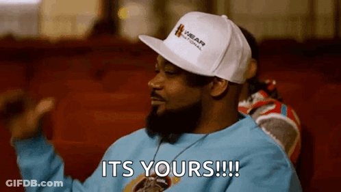 Man In White Hat Blue Shirt Saying It's Yours GIF