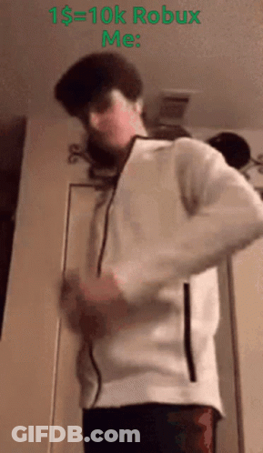 Man In White Jacket Dancing With Text 1 $ = 10K Robux Me GIF