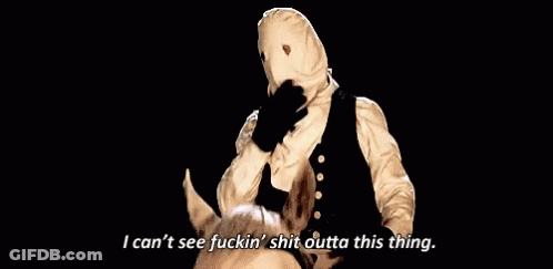 Man In White Mask Riding Horse Says Can't See Fuckin' Shit GIF