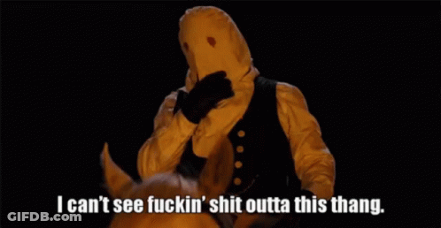 Man In White Mask Riding Horse Says I Can't See Fuckin Shit Outta This Hang GIF