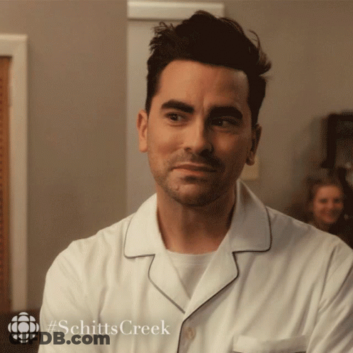Man In White Pajama Shirt With Schitt's Creek GIF