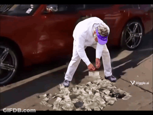 Man In White Pants And Purple Hat Standing On Money GIF