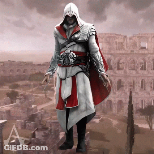 Man In White-Red Holding Knife Near A Building GIF