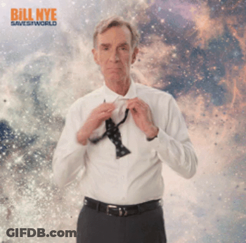Man In White Shirt Adjusting Tie In Front Of Bill Nye Saves The World Logo GIF