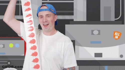 Man In White Shirt And Blue Hat Holding Ribbon Saying All In GIF