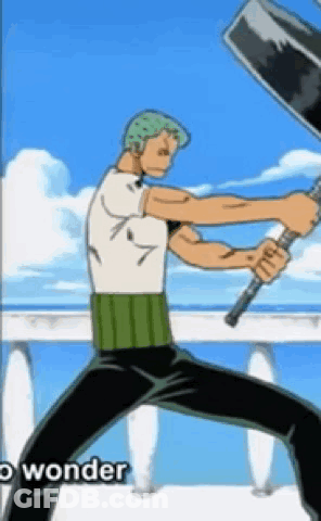 Man In White Shirt And Green Belt Holding Sword And Shield GIF