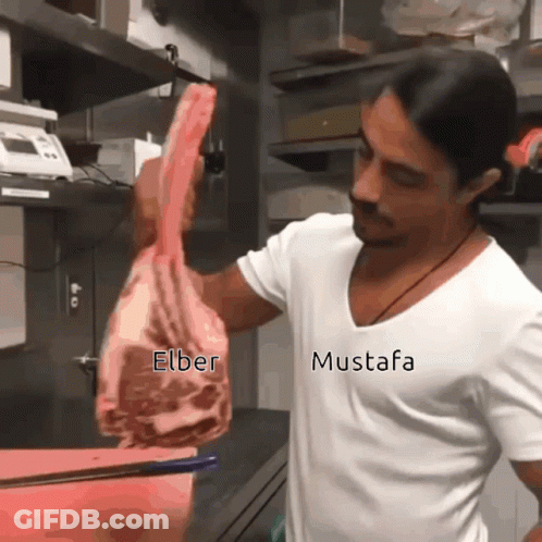 Man In White Shirt Holding Meat Saying Elber Mustafa GIF