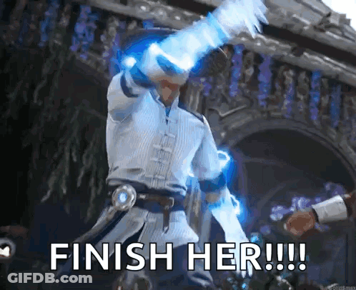 Man In White Shirt Holding Sword Finish Her GIF
