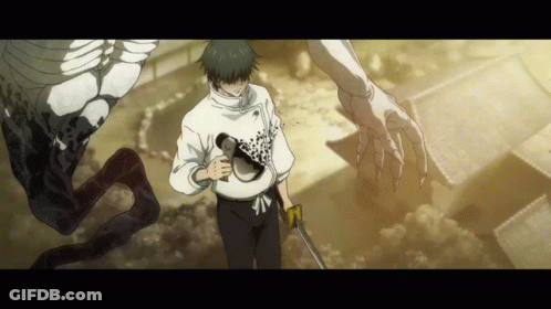 Man In White Shirt Holding Sword In Front Of Monster GIF