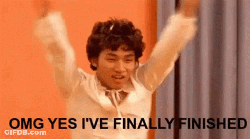 Man In White Shirt Raising Arms Saying OMG Yes Finally Finished GIF