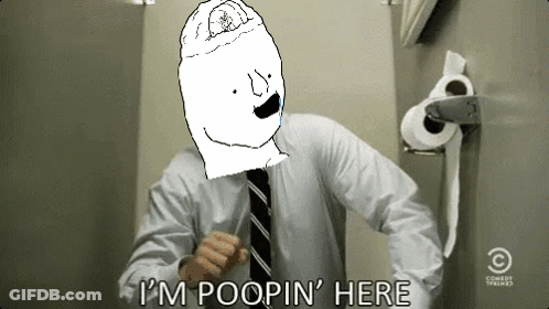 Man In White Shirt Saying I'm Poopin Here Beside Toilet Paper GIF