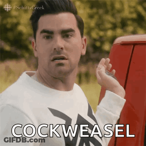 Man In White Shirt Says Cockweasel In Front Of Red Van GIF