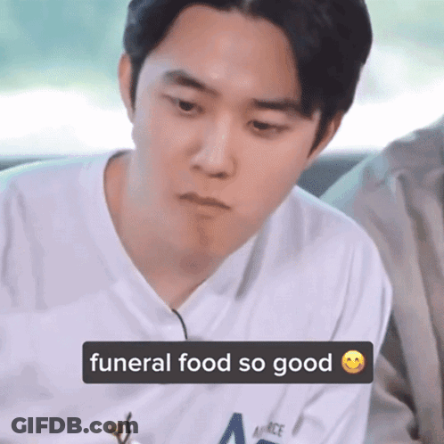 Man In White Shirt Says Funeral Food So Good Smiley GIF