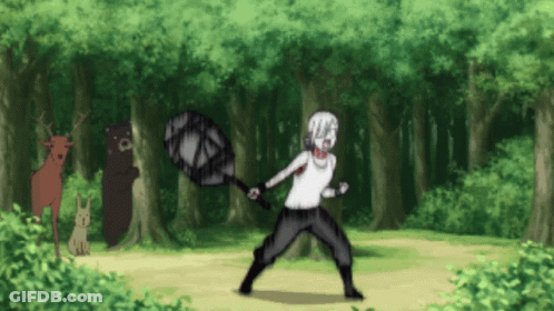 Man In White Shirt Standing In Forest Holding Sword GIF