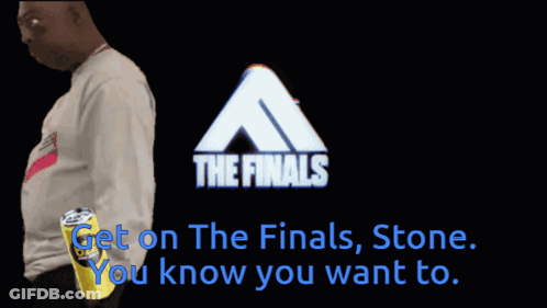Man In White Shirt Standing In Front Of The Finals Sign GIF