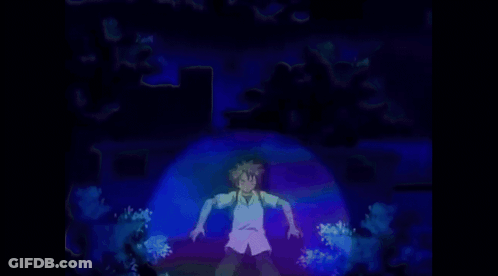 Man In White Shirt Standing In Purple Bubble In Dark GIF