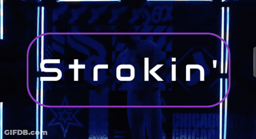 Man In White Sox Uniform Dancing In Front Of Strokin Banner GIF