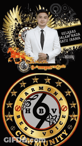 Man In White Suit In Front Of Harmony Best Voice Logo GIF