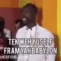 Man In White Suit Saying Tek Weh Yuself Fram Yah Babylon GIF