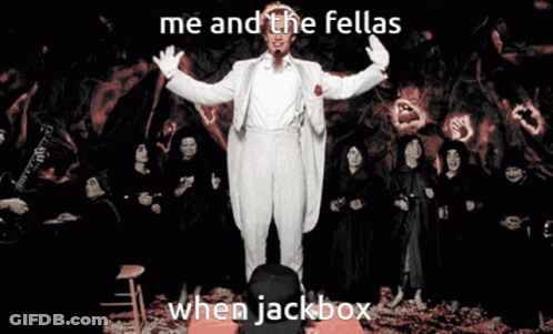 Man In White Suit With Group Saying Me And The Fellas When Jackbox GIF